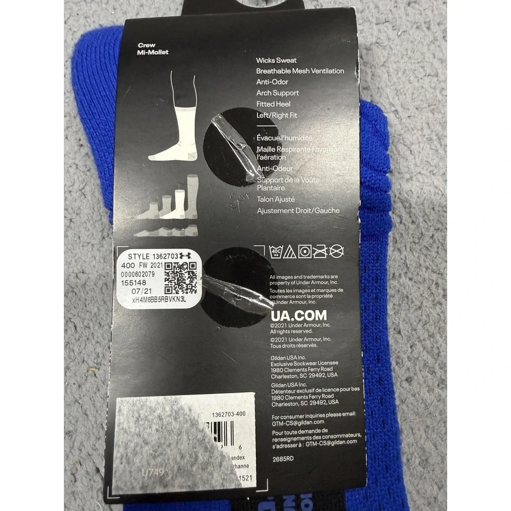 Under‎ Armour Project Rock Playmaker Socks Mens 8-12 Blue Training Crew Mid Calf